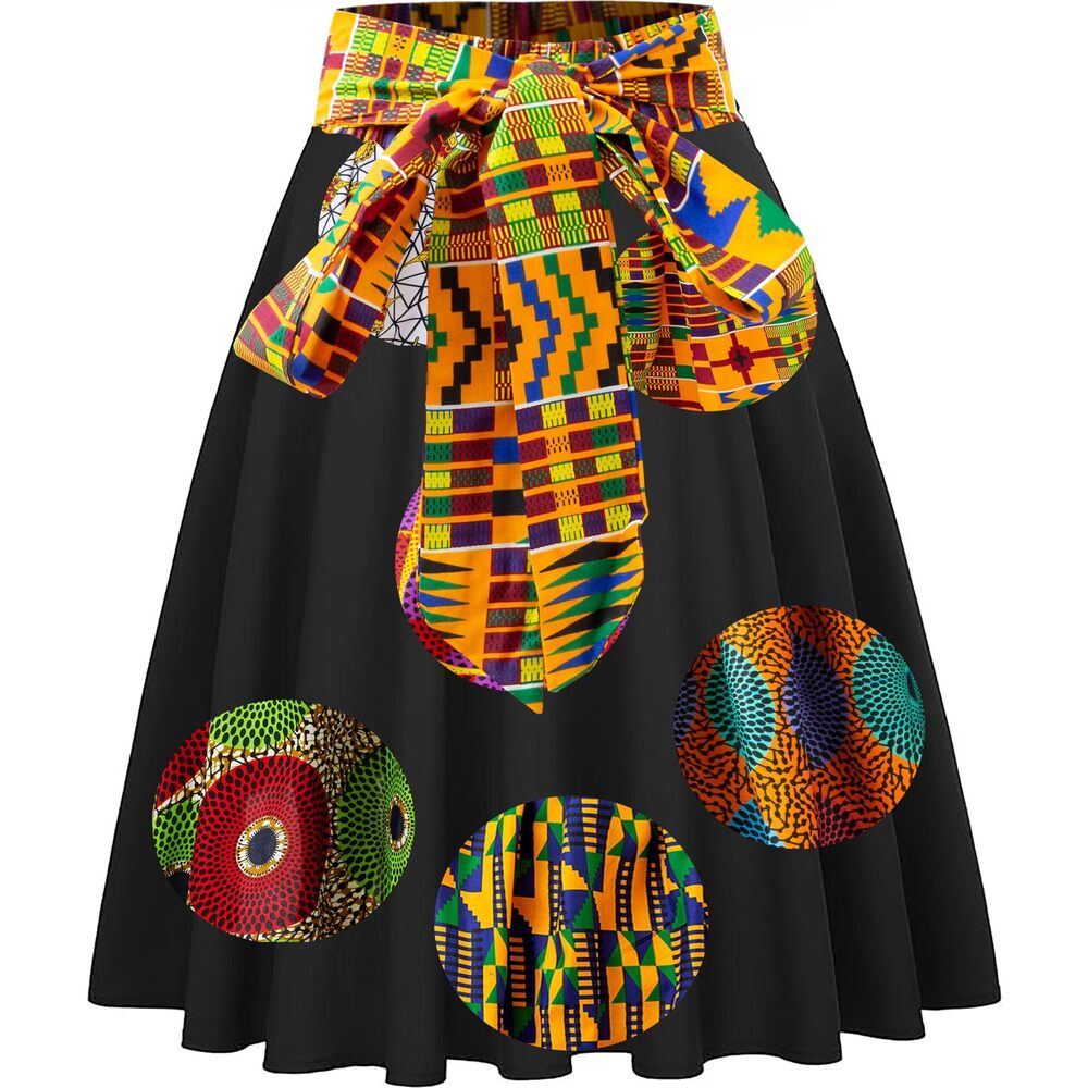 3725 African Black Skirt Ankara Print Wax Skirt Tie Waist BeltSmall,A